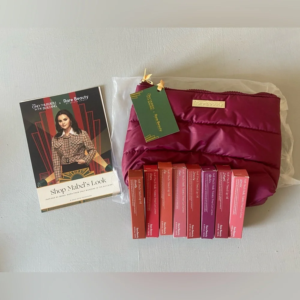 NEW Rare Beauty Limited Edition Puffy Makeup Bag and Full Set of Lip Oils